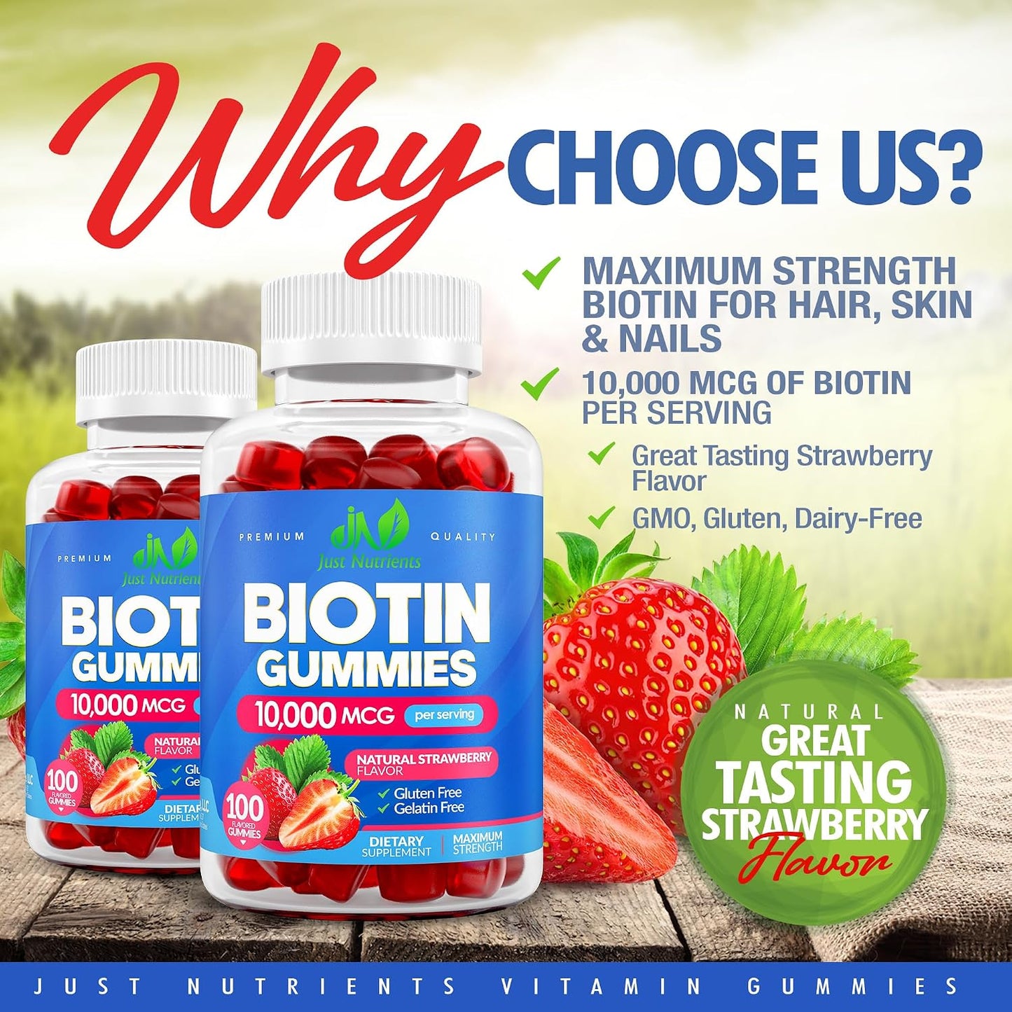 Biotin 10,000mcg Gummies for Hair Growth, Skin & Nails (100 Count) | 2x Maximum Strength Biotin Vitamins for Women & Men - Gluten-Free, Vegan, Great Tasting Strawberry Flavor