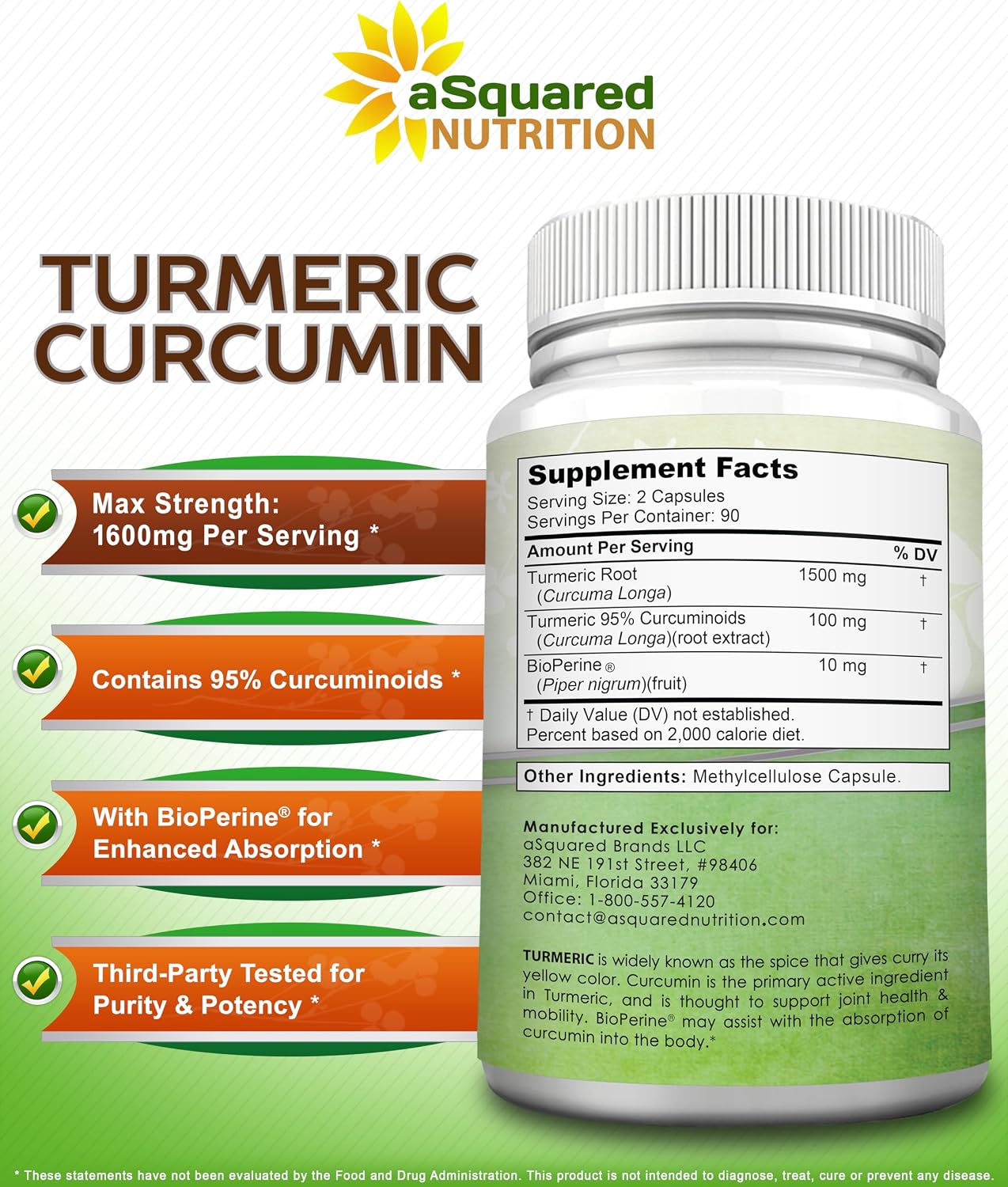 aSquared Nutrition Turmeric Curcumin 1600mg with BioPerine Black Pepper Extract - 180 Capsules with 95% Curcuminoids, 100% Natural Tumeric Root Powder Supplements, Natural Joint Stiffness Relief Pills