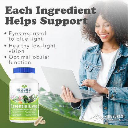 RidgeCrest Herbals EssentialEyes Eye Vitamins for Vision Support 120 Ct | 30 Servings, Lutein, Zeaxanthin, Bilberry Extract, Natural Ocular Health Formula, Vegan Capsules, Daily Use