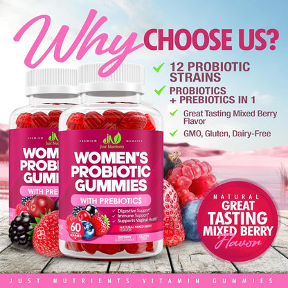 Just Nutrients Women's Probiotic Gummies with Prebiotics | 12 Strains – Digestive, Immune, Vaginal & Urinary Tract Health Support – Natural Mixed Berry Flavor, 60 Gummies