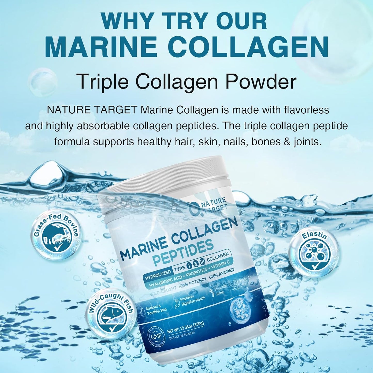 NATURE TARGET Marine Collagen Peptides Powder, 35 Servings | Type I & III Collagen, Probiotics, Vitamin C & Hyaluronic Acid, For Skin, Hair, Nails, Wild-Caught Fish & Grass-Fed Bovine