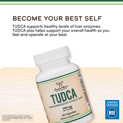 TUDCA Bile Salts Liver Support Supplement, 500mg Servings, Liver and Gallbladder Cleanse Supplement (60 Capsules, 250mg) Genuine Bile Acid TUDCA with Strong Bitter Taste by Double Wood