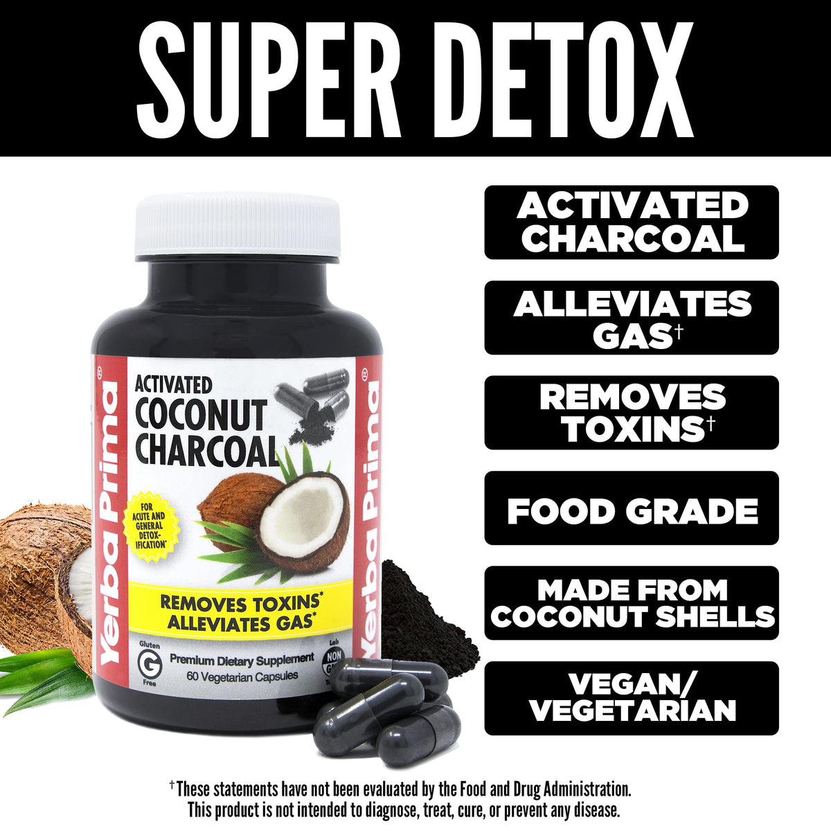 Yerba Prima Activated Coconut Charcoal, 60 Capsules - Natural Detox - Vegetarian, Vegan, Gluten Free, Non GMO