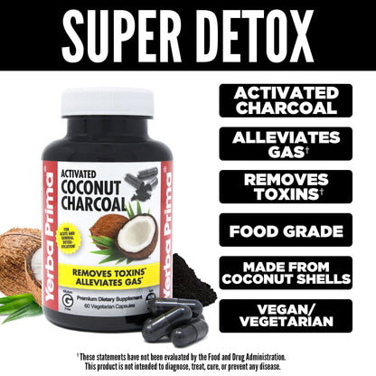 Yerba Prima Activated Coconut Charcoal, 60 Capsules - Natural Detox - Vegetarian, Vegan, Gluten Free, Non GMO