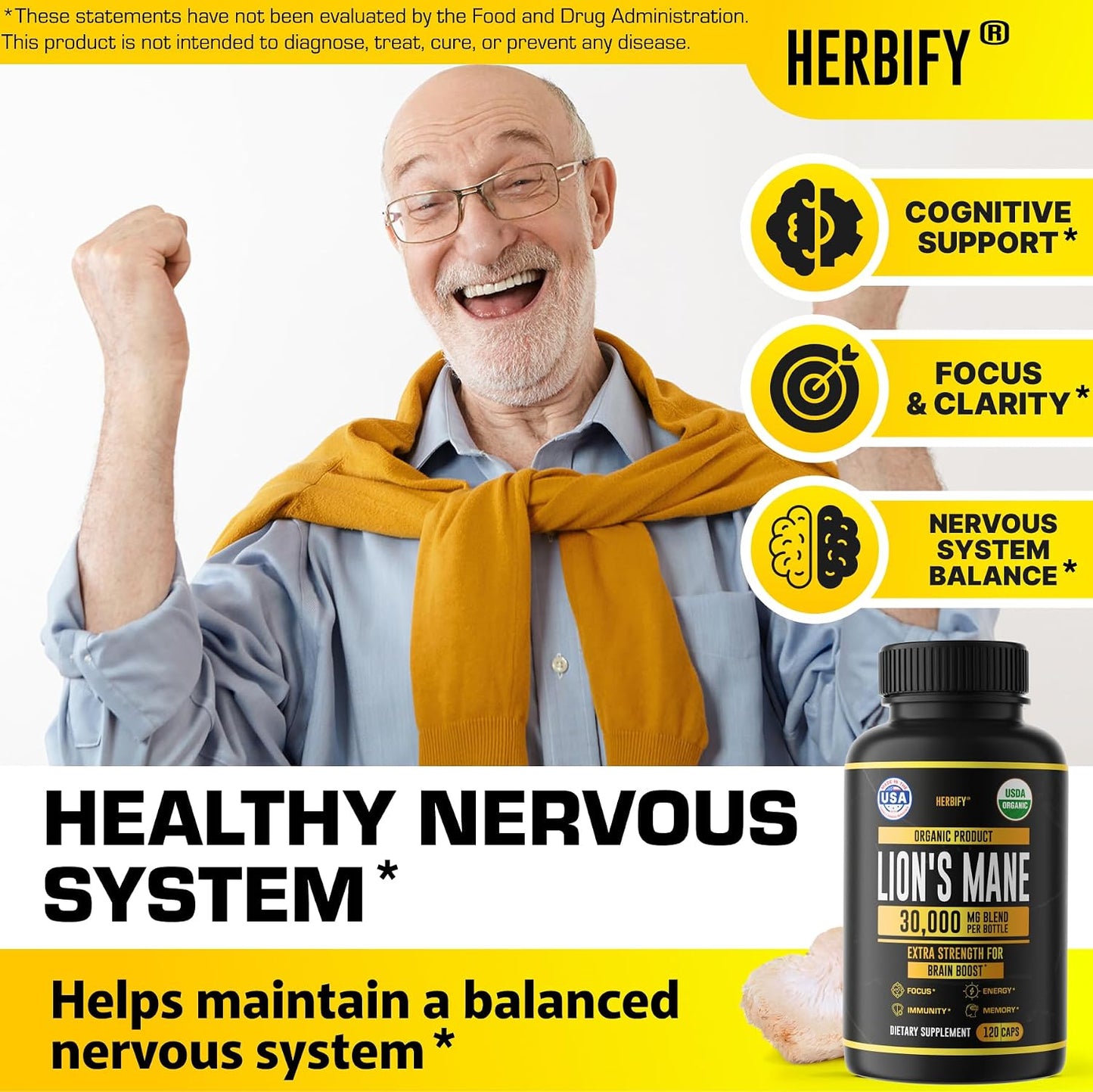 HERBIFY Bundle Lions Mane Capsules & Mullein Drops - Daily Supplement for Memory, Focus, Clarity & Powerful Lung Cleanse Support