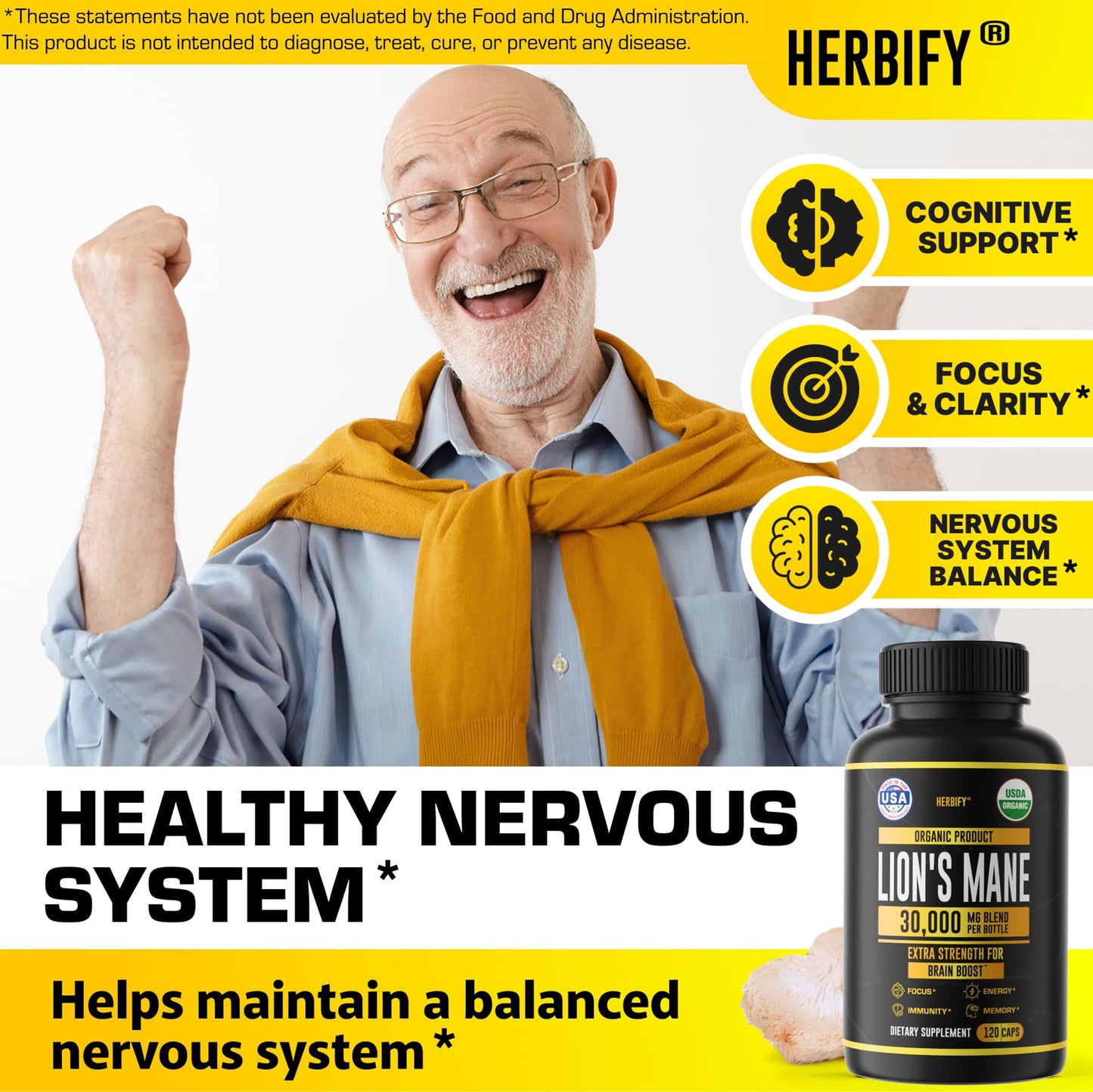 HERBIFY Lions Mane Supplement - Daily Mushroom Supplement for Memory, Focus & Clarity - Brain Booster - Lions Mane Tincture for Immune Support - 4 Fl oz
