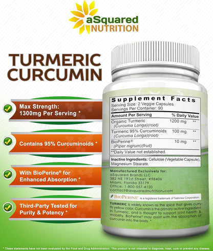 aSquared Nutrition Turmeric Curcumin 1300mg with BioPerine Black Pepper Extract - 180 Capsules - with 95% Curcuminoids, 100% Natural Tumeric Root Powder Supplements, Pure & Joint Stiffness Pills