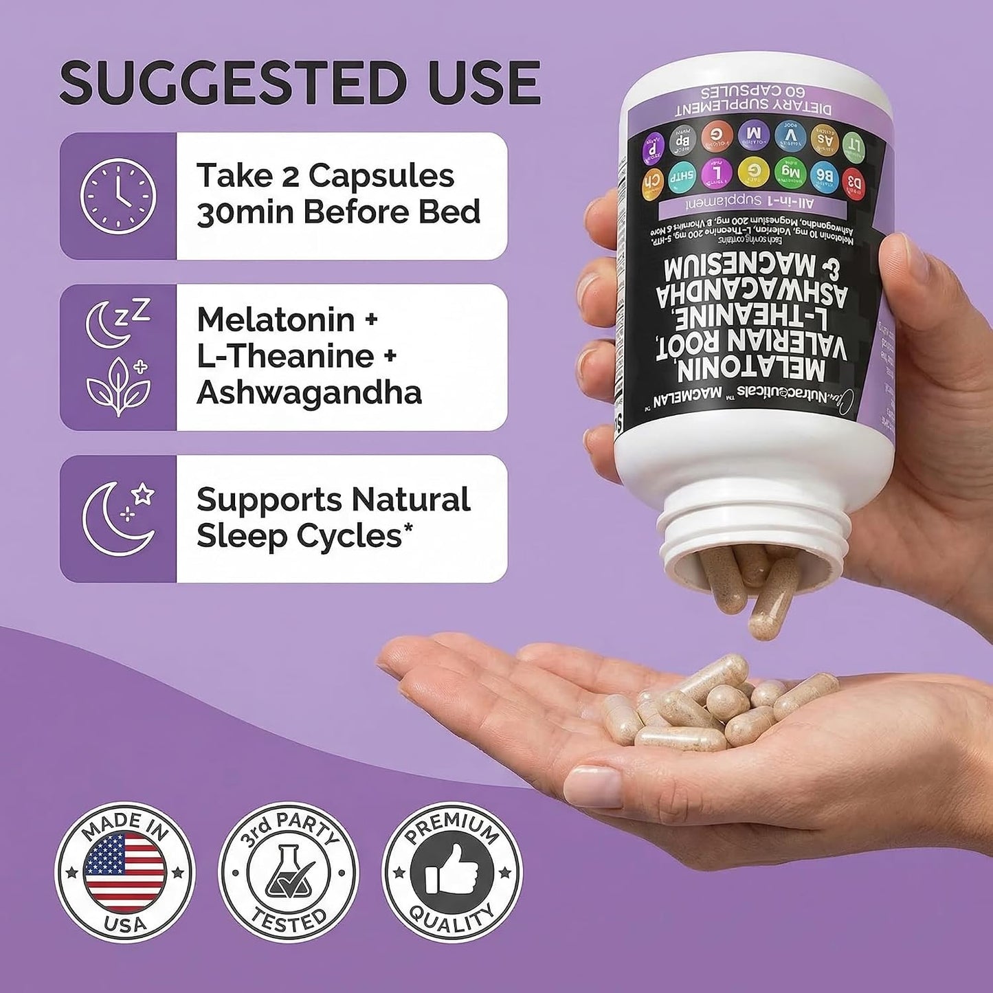 Clean Nutraceuticals Melatonin 10mg Valerian Root L Theanine 200mg Ashwagandha - Sleep Support for Women & Men with Magnesium Complex, Lemon Balm, Chamomile, & Passion Flower - 60 Caps