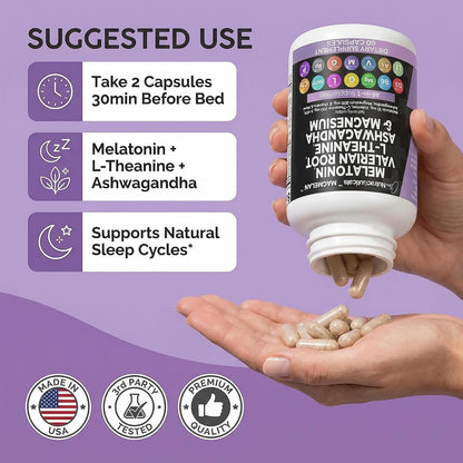 Clean Nutraceuticals Melatonin 10mg Valerian Root L Theanine 200mg Ashwagandha - Sleep Support for Women & Men with Magnesium Complex, Lemon Balm, Chamomile, & Passion Flower - 60 Caps