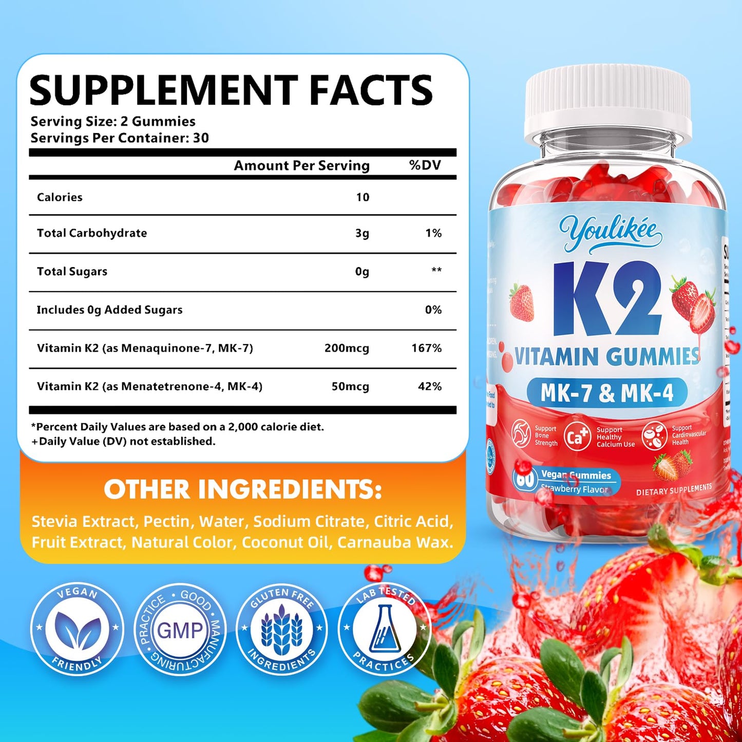 Vitamin K2 Gummies, Dual Formula Vitamin K2 Supplement with MK-7 & MK-4, Supports Bone Health, Gluten-Free, Sugar-Free, Non-GMO, Strawberry Flavor, 60 Gummies