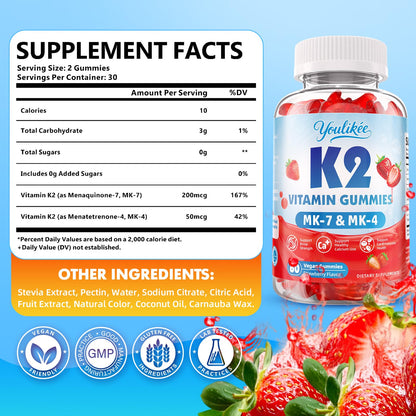 Vitamin K2 Gummies, Dual Formula Vitamin K2 Supplement with MK-7 & MK-4, Supports Bone Health, Gluten-Free, Sugar-Free, Non-GMO, Strawberry Flavor, 60 Gummies