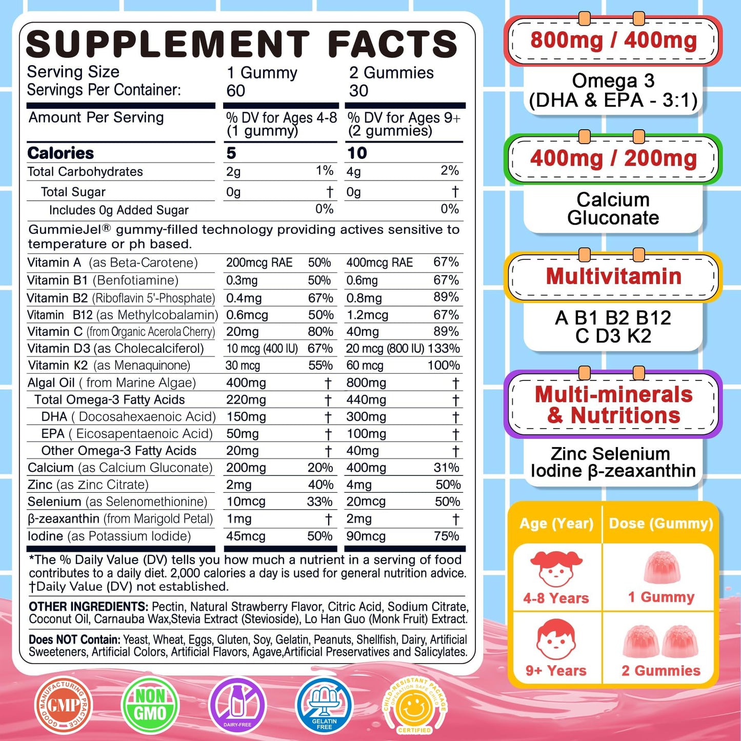 Nextdia Omega 3 (EPA/DHA) Filled Gummies for Kids Teen with Multivitamin, Calcium + D3 + K2 + Zinc, Plus Vitamin A B1 B2 B12 C, Selenium, Iodine for Brain, Eye, Bone, Energy, No Fish Taste, Sugar Free