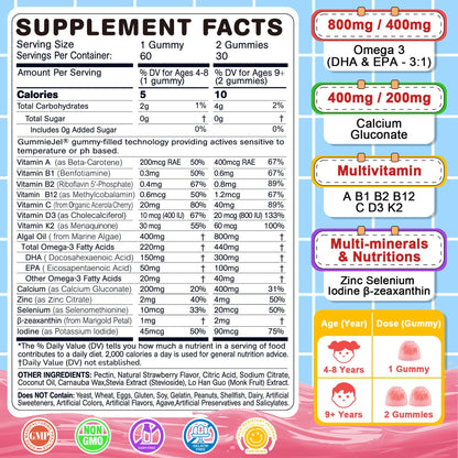 Nextdia Omega 3 (EPA/DHA) Filled Gummies for Kids Teen with Multivitamin, Calcium + D3 + K2 + Zinc, Plus Vitamin A B1 B2 B12 C, Selenium, Iodine for Brain, Eye, Bone, Energy, No Fish Taste, Sugar Free