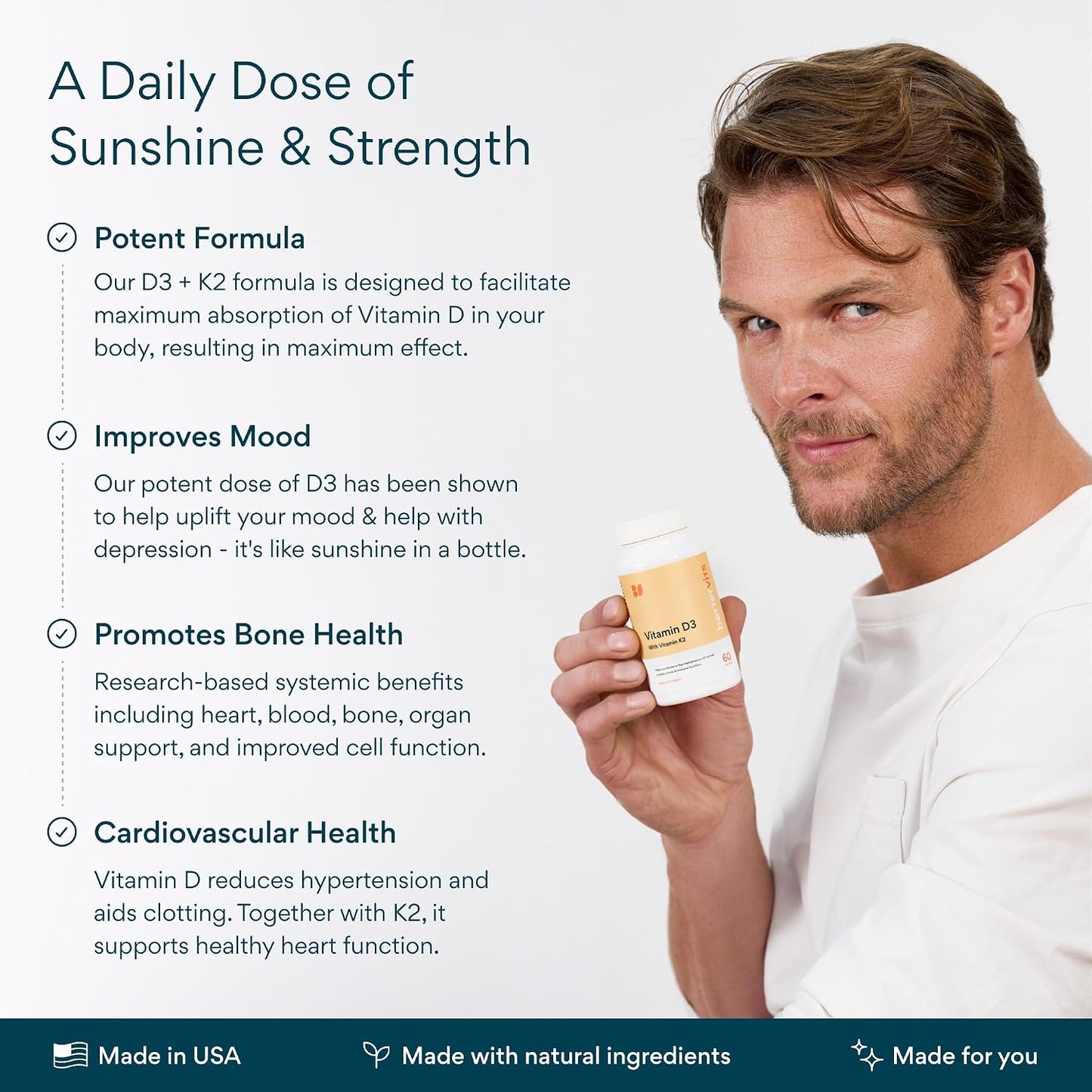 Bettervits Vitamin D3 5000 IU for Women and Men | with High Strength K2 Vitamins for Immune Support and Bone Health | Vitamin D Supplements with Calcium Absorption | 60 Vegetarian Capsules