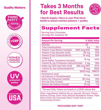 Pink Stork Total Glow Gummies for Women – Hair, Skin & Nails Vitamin with Biotin, Vitamin A, B6, B12, Folate, Zinc & More – Support for Radiant Skin, Strong Nails, and Healthy Hair – 60 Berry Gummies | Hair, Skin & Nails Vitamin with Biotin, Vitamin A, B6
