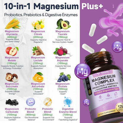 10-in-1 Magnesium Complex Supplement with Probiotics Prebiotics & Digestive Enzymes, 100 Billion CFU Probiotics for Women, High Absorption for Muscle, Sleep Calm, Gut & Digestive Health, Vegan Non-GMO