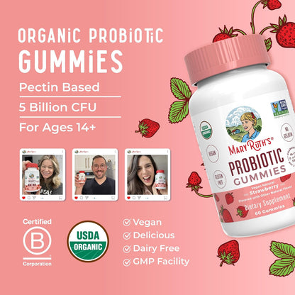 MARYRUTH'S USDA Organic Probiotic Gummies Probiotic Digestive Support | Immune Support | Digestive & Gut Health Supplement | 5 Billion CFU | Vegan | Non-GMO | Gluten Free | 60 Count