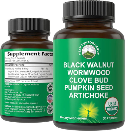 USDA Organic Wormwood Black Walnut Clove Cleanse for Humans. Elimination Detox + Intestinal Support Capsules Supplement for Adults and Kids. Pills with Artichoke and Pumpkin Seed for Added Benefits