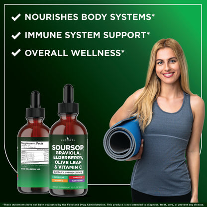 Liberty Lifestyle Soursop Liquid with Soursop Fruit and Leaves, Elderberry, Vitamin C and Olive Leaf - Multimineral & Vitamins Superfood - 4 oz