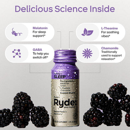 Ryde Shots, Relax + Sleep, Melatonin, GABA, L-Theanine & Chamomile, Zero Calories, Zero Sugar, Pack of 16