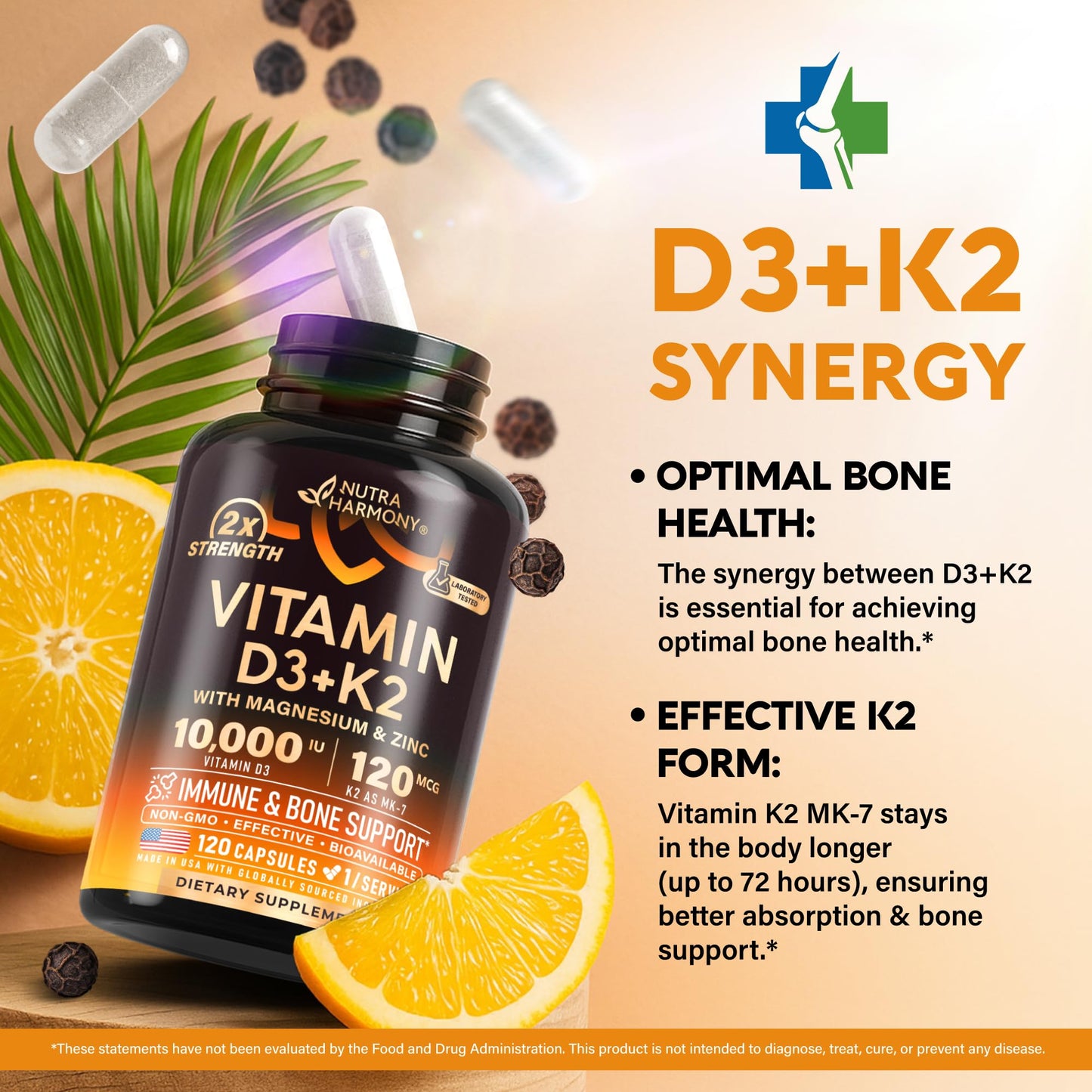 Vitamin D3 K2 - Vitamin D3 10000 iu & K2 as MK-7 120 mcg - Immune & Mood Support, for Bone & Teeth Health - with Magnesium, Zinc & Vitamin C & B12 - Highly Bioavailable - Gluten Free, 120 Capsules