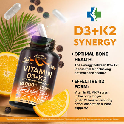 Vitamin D3 K2 - Vitamin D3 10000 iu & K2 as MK-7 120 mcg - Immune & Mood Support, for Bone & Teeth Health - with Magnesium, Zinc & Vitamin C & B12 - Highly Bioavailable - Gluten Free, 120 Capsules