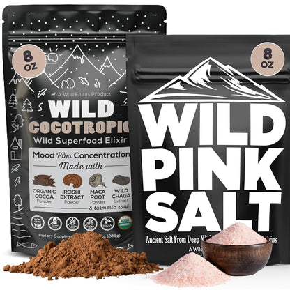 Wild Foods Pink Himalayan Salt (8oz) and Cocotropic Mushroom Cocoa Mix (8oz) Bundle for Cooking and Wellness