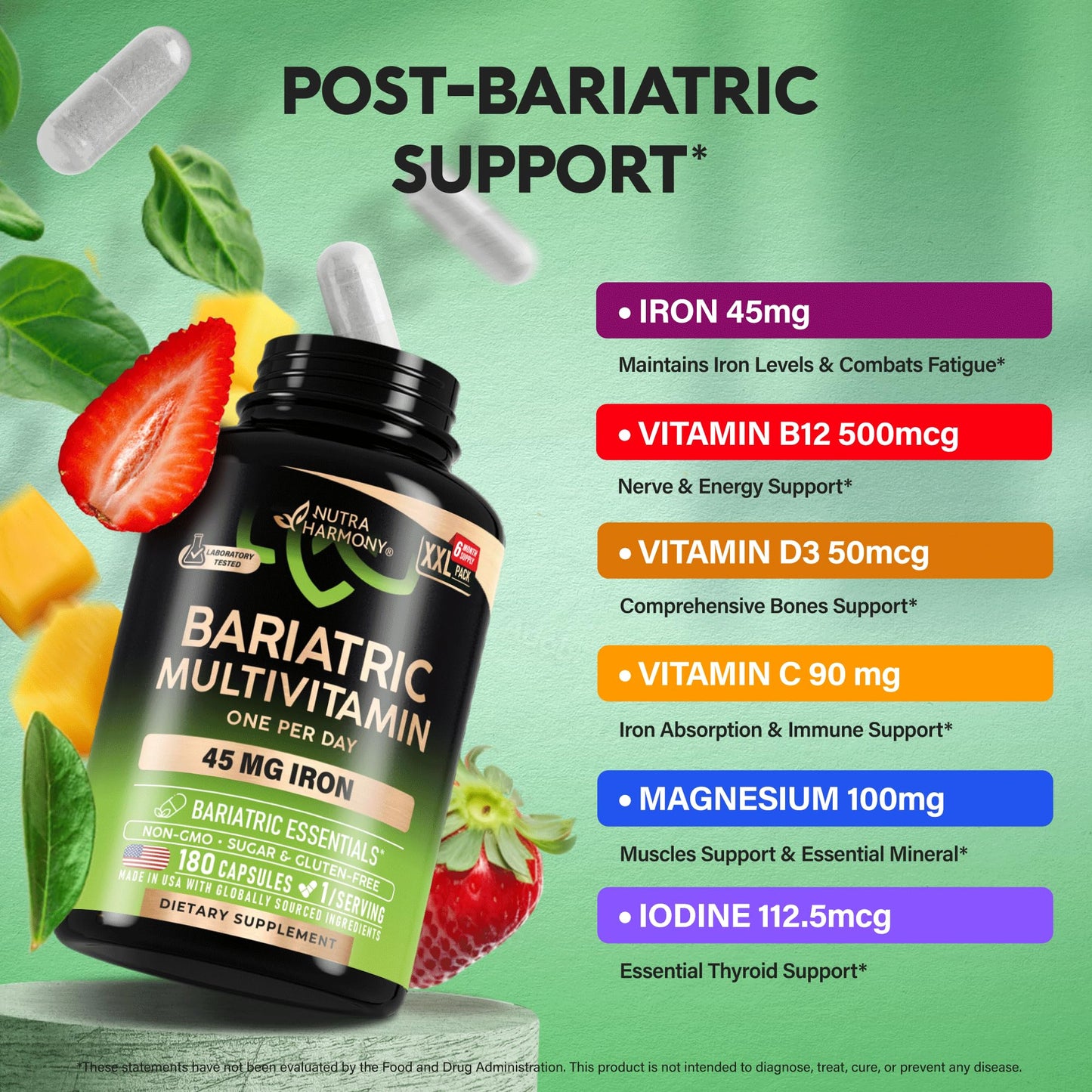 Bariatric Multivitamin - 45 mg Iron Supplements - Lab Tested - for Women & Men - All-in-One, 21 Essential Vitamins - Gastric Sleeve Support - Free of Sugar, Gluten & Soy - 90 Capsules, Once Daily