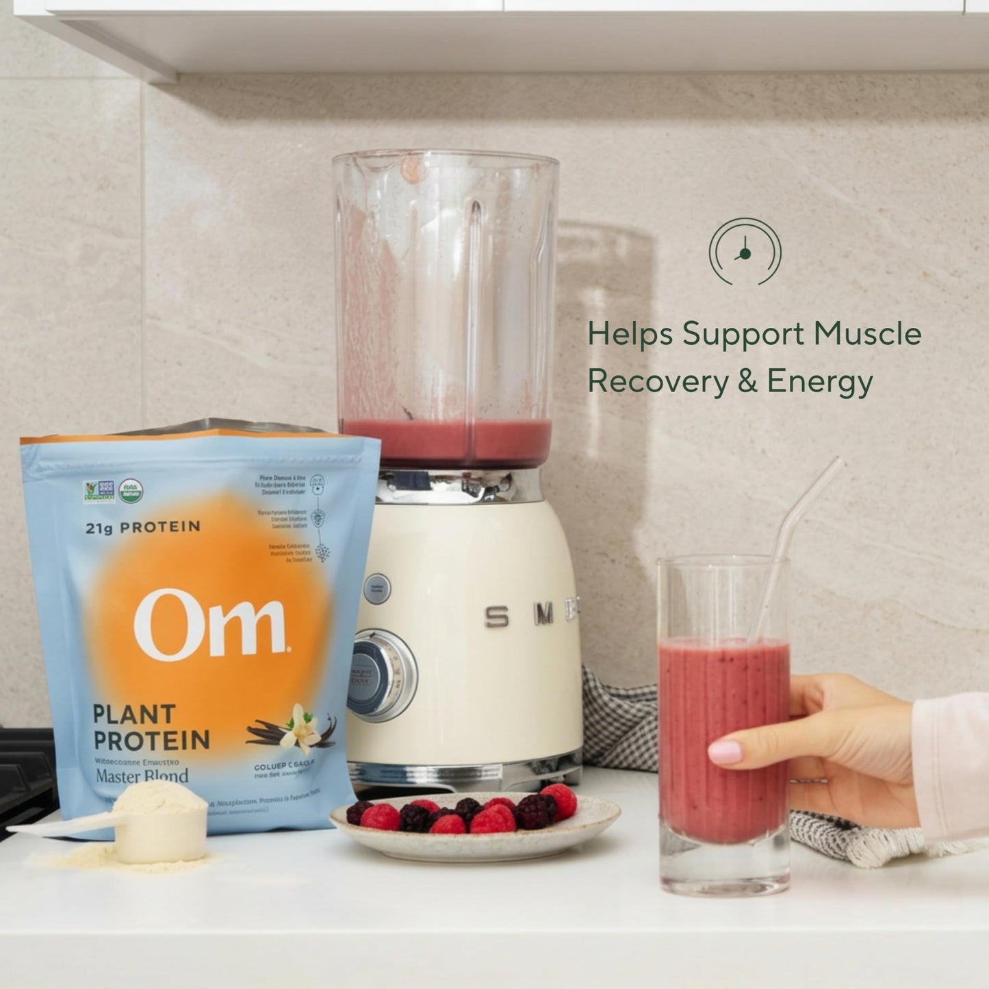 OM MUSHROOM SUPERFOOD Master Blend Vegan Protein – Organic Vanilla Plant Protein Powder, GLP-1 Friendly, Excellent Source of Protein, Good Source of Fiber, 10 Functional Mushrooms – 16 Servings