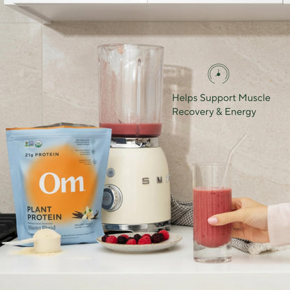 OM MUSHROOM SUPERFOOD Master Blend Vegan Protein – Organic Vanilla Plant Protein Powder, GLP-1 Friendly, Excellent Source of Protein, Good Source of Fiber, 10 Functional Mushrooms – 16 Servings