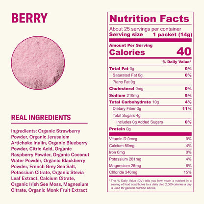 Ballerina Farm Farmer Hydrate Berry Electrolyte Powder Packets | Travel Ready, Organic Coconut Water, Irish Sea Moss, French Sea Salt, 210mg Sodium, 25 Count