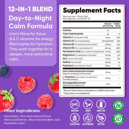 Venture Pal Calm Drink Mix, 12-in-1 Cortisol Reducer & Sleep Aid | Magnesium Glycinate, Ashwagandha, L-Theanine & Vitamin D, Calm Magnesium Powder for Relax & Focus, No Sugar, Non GMO
