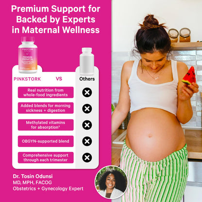 Pink Stork Premium Prenatal Vitamins for Women, 60 Count | No Fishy Burps, Methylated Folate, Choline, Vegan Algae DHA, Iron, Doctor-Formulated, Organic Whole-Foods, Probiotic
