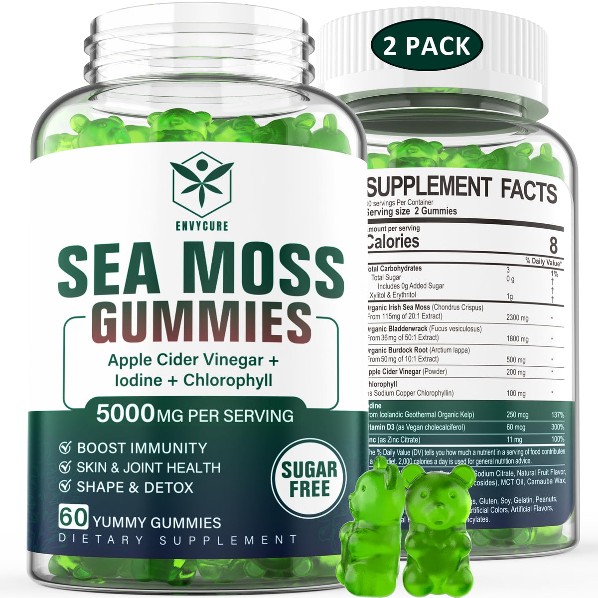 Sugar-Free Sea Moss Iodine Gummies 5000mg, Extra Strength Irish Moss Gel Supplement