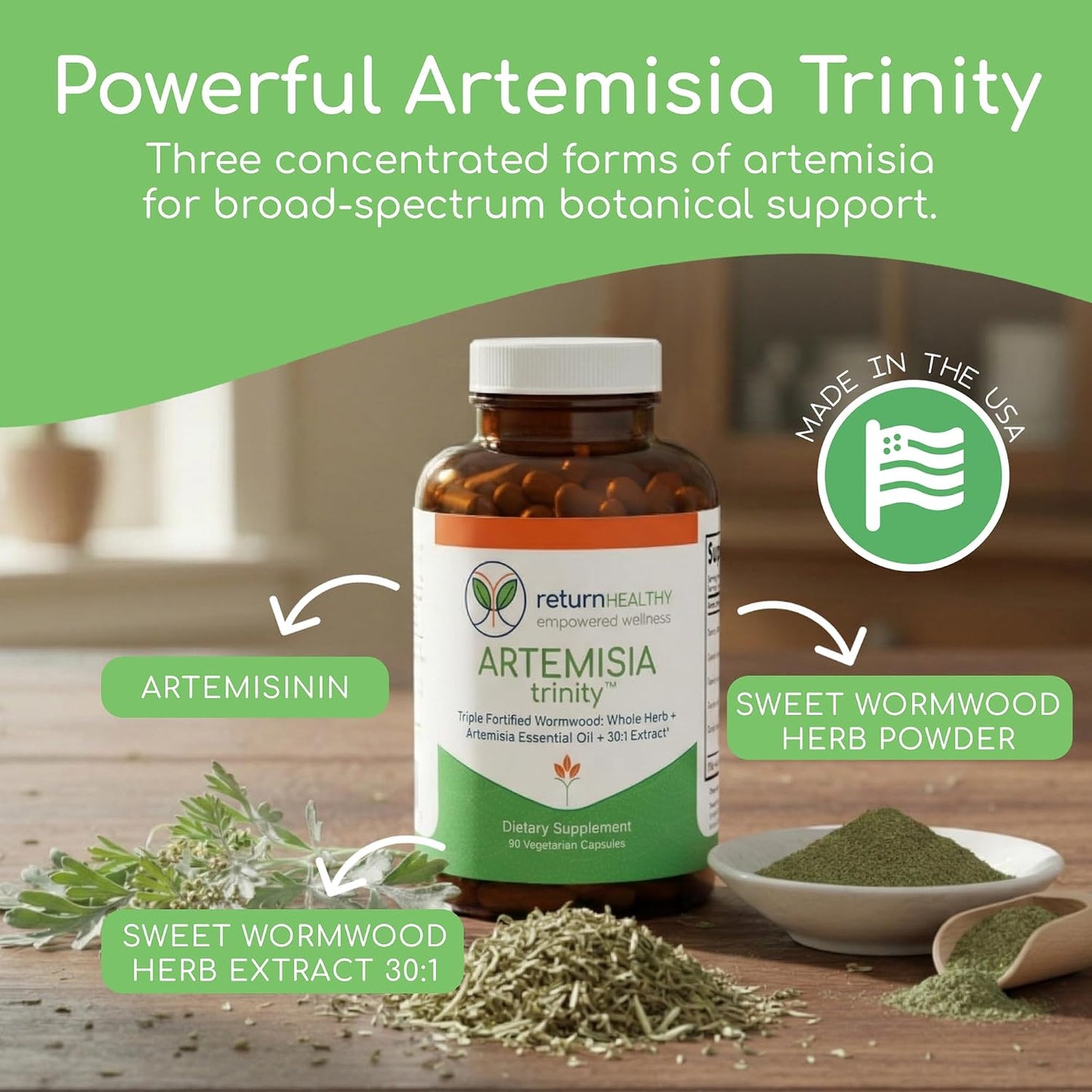 Artemisia Trinity | Cleansing for Adults with Wormwood Herb & Artemisinin 30:1 Extract | Resistance & Digestive Support | Herbal Supplements | Pure, Plant-Based, 90 Caps