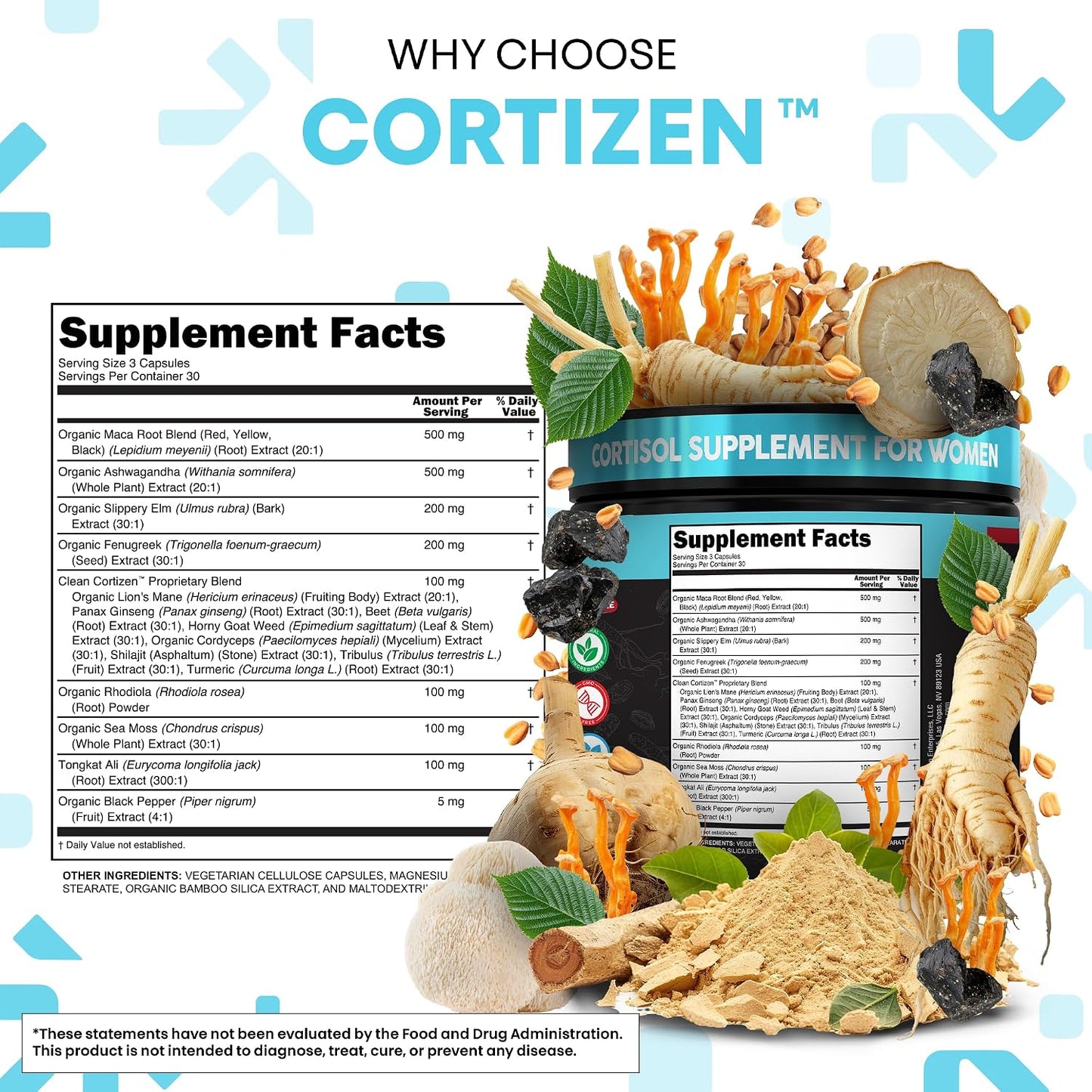 Clean Nutra Cortisol Supplements For Women | Maca Root Ashwagandha Cortisol Detox Manager Reducer + Slippery Elm Fenugreek Lions Mane Shilajit Rhodiola Sea Moss Tongkat Ali Cordyceps Ginseng Beet Root