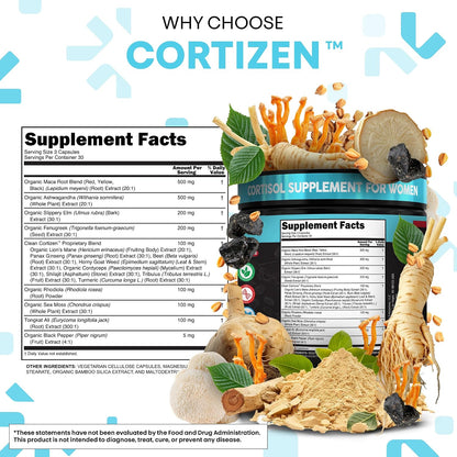 Clean Nutra Cortisol Supplements For Women | Maca Root Ashwagandha Cortisol Detox Manager Reducer + Slippery Elm Fenugreek Lions Mane Shilajit Rhodiola Sea Moss Tongkat Ali Cordyceps Ginseng Beet Root