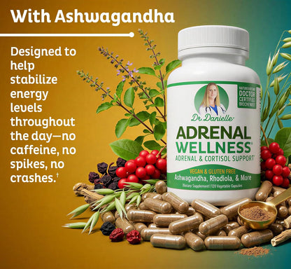 Adrenal Wellness Ashwagandha & More - Organic Mind, Body Support by Dr. Danielle, 120 Capsules