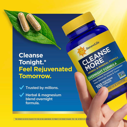 Renew Life Cleanse More 100 Vegetarian Capsules | Helps Relieve Occassional Constipation | Herbal Formula with Magnesium | Dairy, Soy and Gluten Free
