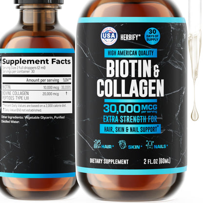 HERBIFY Liquid Biotin and Collagen Drops for Women & Men, 30 Days of Supply - Support Hair, Skin & Nails - Liquid Collagen for Women - 2 FL Oz Made in USA