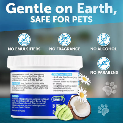 Dog Ear Wipes - 100 ct - Removes Wax and Dirt - Soothing Ear Cleaner Wipes for Dogs, Puppies - 100% Plant Based, Unscented with Coconut Oil - Ear Infection Treatment to Relief Itching & Inflammation
