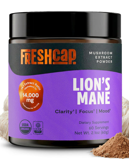 FreshCap Mushrooms Premium Organic Lions Mane Capsules - 14:1 Fruiting Body Extract with 31% Beta-Glucans - 3rd-Party Tested Nootropic for Clarity, Focus & Cognitive Support (120 Capsules)