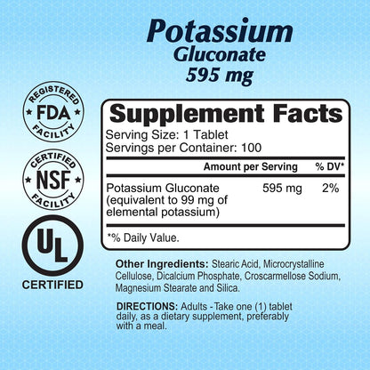 Potassium Gluconate 595 Mg by Alfa Vitamins - Supports Heart Function & Promotes Muscle acitvity - 100 Tablets