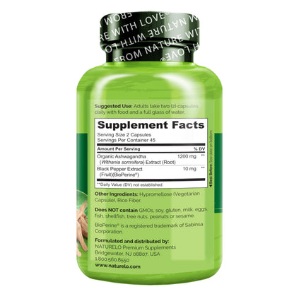 NATURELO Ashwagandha Organic Root Powder - Natural Herbs Supplement for Fatigue, Stress Relief, Mood Enhancer - with Black Pepper Extract - 90 Vegan Capsules
