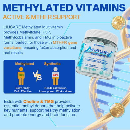 Methylated Multivitamin for Men & Women Gummies + Greens & Mushroom Blend, Methylfolate & B12, TMG, Choline, Daily Vitamin A, C, D3K2, E, B Complex, Coq10, ALA for Overall Wellness, Sugar Free, 60 Cts