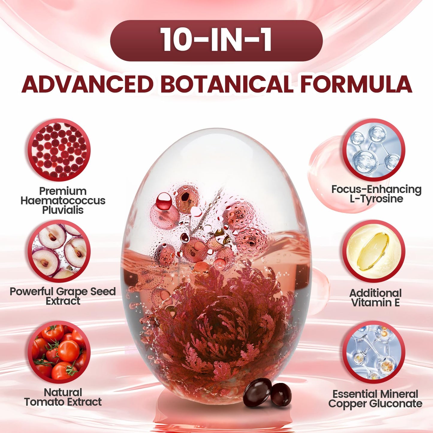 10 in 1 Astaxanthin 12mg Supplements, 4 Month Supply, Astaxantina Antioxidant from Fresh Haematococcus Pluvialis, Contains Lycopene, Grape Seed, Vitamin E, & More Supports Eye, Joints, Skin Health