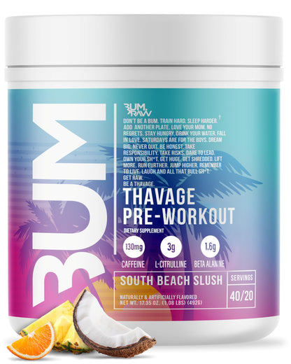 RAW Pre Workout Powder, Thavage (Beach Bum) - Chris Bumstead Sports Nutrition Supplement for Men & Women - Cbum Pre Workout for Working Out, Hydration, Mental Focus & Energy - 40 Servings