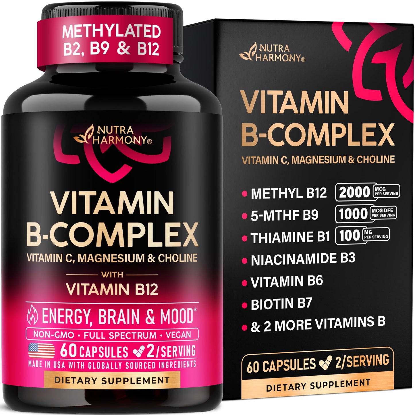 Vitamin B Complex for Men & Women - Made in USA - 11-in-1 B-Complex: B1, B2, B3, B5, B6, B7, B8, B9, B12 with Vitamin C, Choline, Inositol - Energy, Brain & Heart Support Supplement, 60 Vegan Capsules