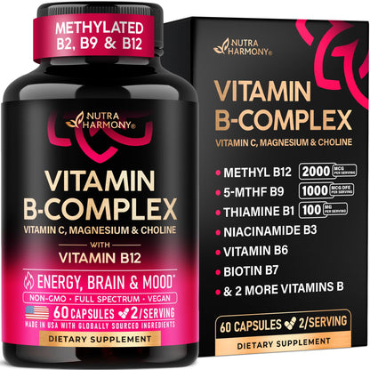 Vitamin B Complex for Men & Women - Made in USA - 11-in-1 B-Complex: B1, B2, B3, B5, B6, B7, B8, B9, B12 with Vitamin C, Choline, Inositol - Energy, Brain & Heart Support Supplement, 60 Vegan Capsules