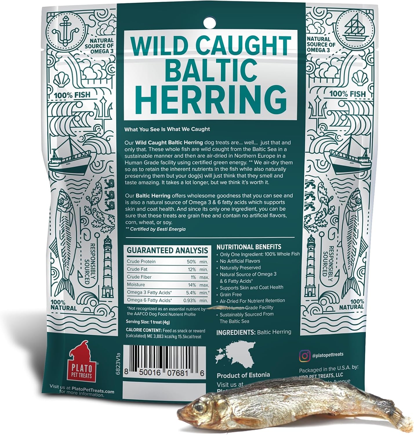 Plato Pet Treats Fish Dog Treats - Air-Dried, Single Ingredient Pet Treat - Omega 3 & 6 Fatty Acids to Support Skin and Coat - 100% Whole Fish - Wild Caught Baltic Herring - 3oz - 2 Pack